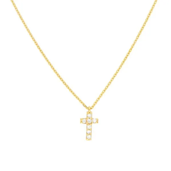 14K Yellow Gold Eighteen Inch Necklace with a Small Diamond Cross Pendant. JWR Jewelers Athens, GA