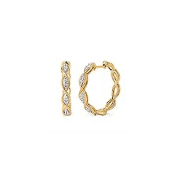14K Yellow Gold Woven Hoop Earrings with Twenty-Four Round Diamonds having a Total Weight of 0.26 carats JWR Jewelers Athens, GA