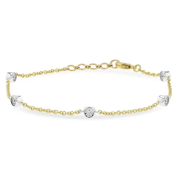 14K Yellow Gold Station Bracelet with Five Round Bezel-Set Diamonds having a Total Weight of 0.25 carats. JWR Jewelers Athens, GA