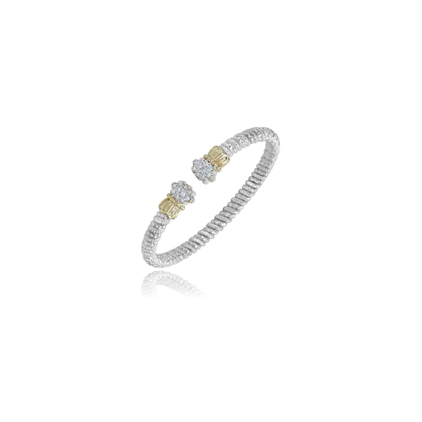 Sterling Silver and 14K Yellow Gold Diamond Vahan Open Cuff Bangle Bracelet that is 4.0 millimeters in width. JWR Jewelers Athens, GA