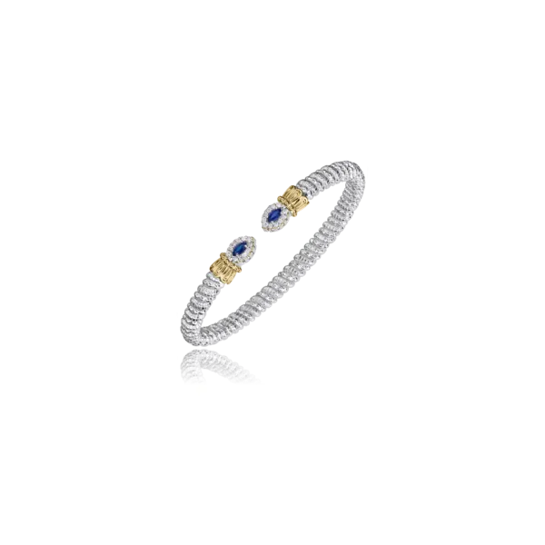 Sterling Silver and 14K Yellow Gold Open Sapphire and Diamond Vahan Cuff Bangle Bracelet. JWR Jewelers Athens, GA