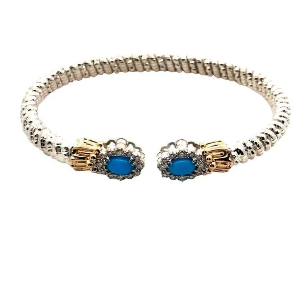 Sterling Silver and 14K Yellow Gold Open Diamond and Turquoise Vahan Cuff Bangle Bracelet. JWR Jewelers Athens, GA