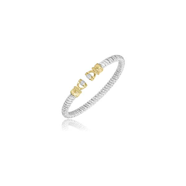 Sterling Silver and 14K Yellow Gold Open Diamond Vahan Bangle Bracelet that is 4 millimeters in width. JWR Jewelers Athens, GA