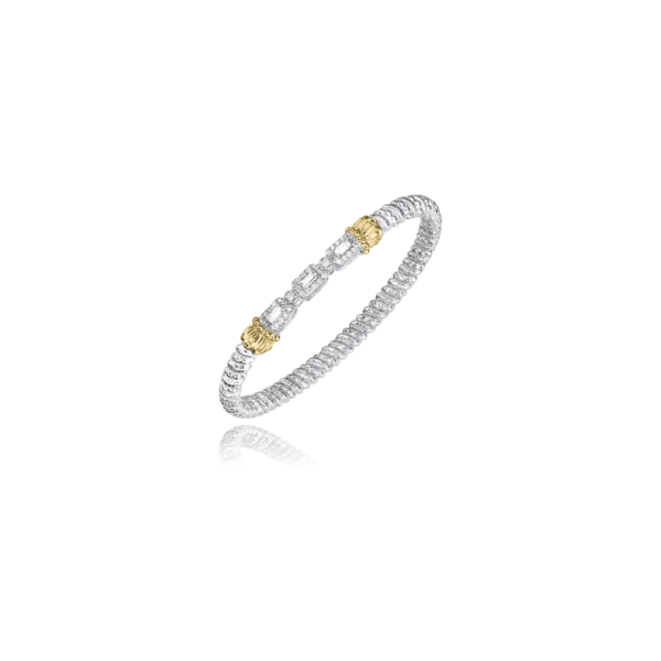 Sterling Silver and 14K Yellow Gold Diamond Vahan Bangle Bracelet with Round and Baguette Diamonds that is 4.0 millimeters in width JWR Jewelers Athens, GA