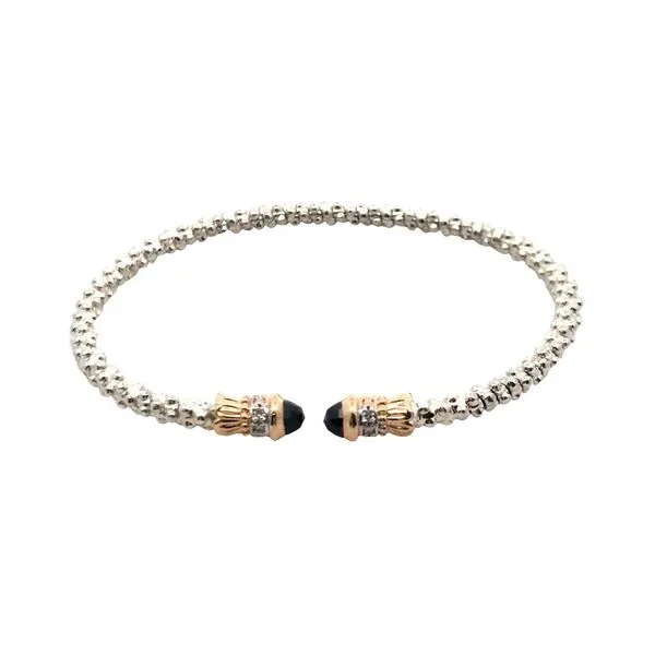 Sterling Silver and 14K Yellow Gold Vahan Two Millimeter Wide Open Cuff Bracelet with Onyx Endcaps and Diamond Accents. JWR Jewelers Athens, GA