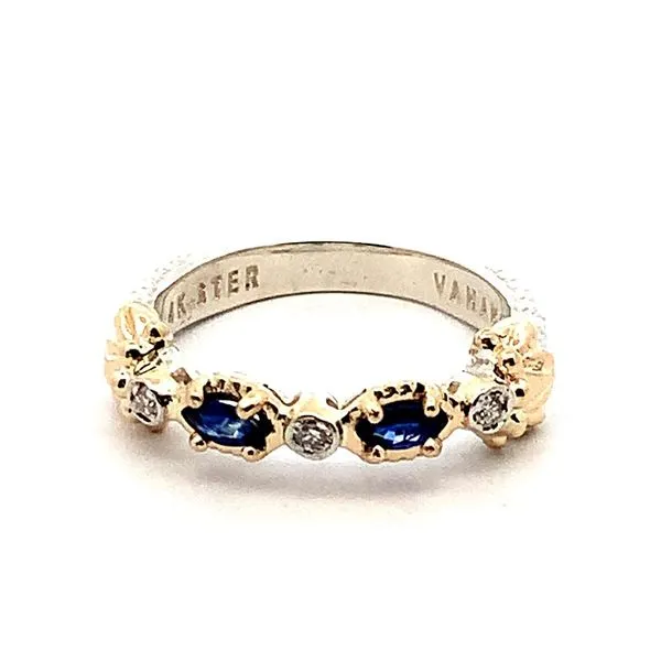Sterling Silver and 14K Yellow Gold Vahan Ring with Two Marquise Blue Sapphires and Three Round Diamonds. JWR Jewelers Athens, GA