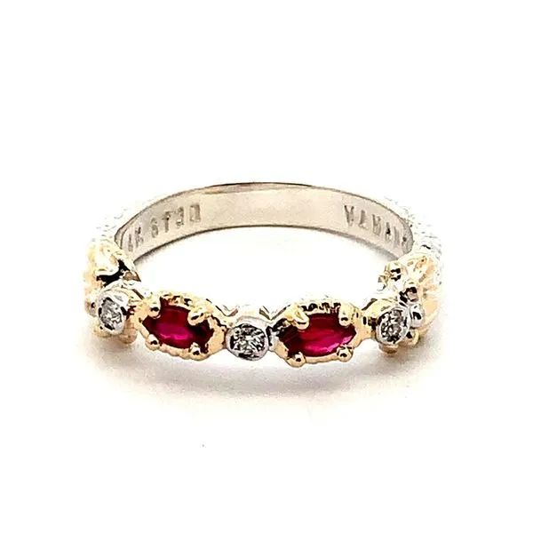 Sterling Silver and 14K Yellow Gold Vahan Ring with Two Marquise Rubies and Three Round Diamonds. JWR Jewelers Athens, GA