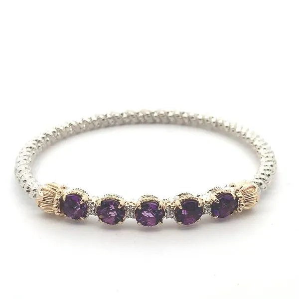 Sterling Silver and 14K Yellow Gold Vahan Closed Bangle Bracelet with Five Round Amethysts and Eight Round Diamonds. JWR Jewelers Athens, GA