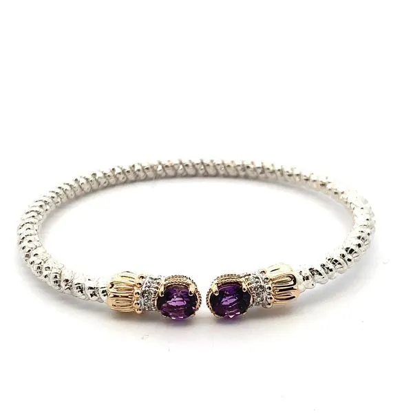 Sterling Silver and 14K Yellow Gold Vahan Open Cuff Bracelet with Two Round Amethysts and Ten Round Diamonds. JWR Jewelers Athens, GA