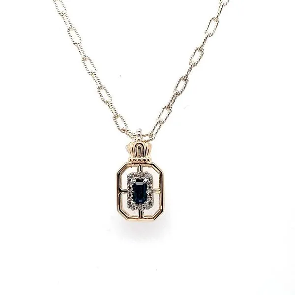 Sterling Silver and 14K Yellow Gold Eighteen Inch Vahan Necklace with a Pendant containing One Baguette Blue Sapphire and Twelve Round Diamonds. JWR Jewelers Athens, GA