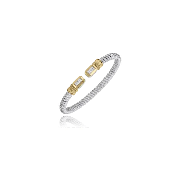 Sterling Silver and 14K Yellow Gold Vahan 4 millimeter wide Cuff Bracelet with Sixteen Round Diamonds with a Total Weight of 0.12 carats. JWR Jewelers Athens, GA