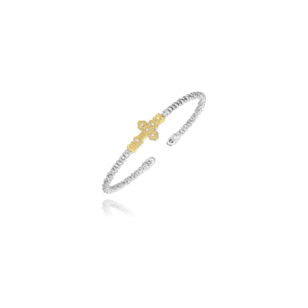 Sterling Silver and 14K Yellow Gold Vahan Cross Bangle Bracelet with Five Round Diamonds with a Total Weight of 0.07 carats. JWR Jewelers Athens, GA