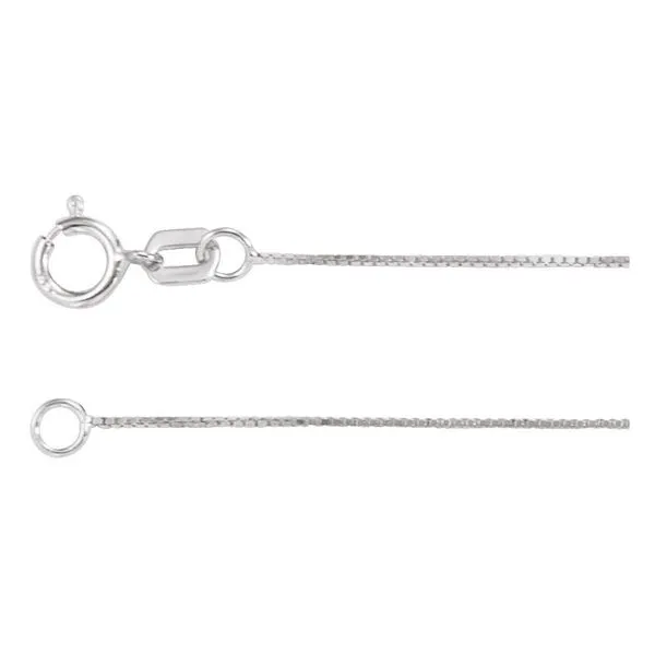 14K White Gold Eighteen Inch Box Chain that is 0.55 millimeters in width. JWR Jewelers Athens, GA