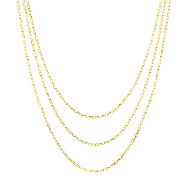 14K Yellow Gold Eighteen Inch Graduated Triple Strand Box Link Necklace. JWR Jewelers Athens, GA