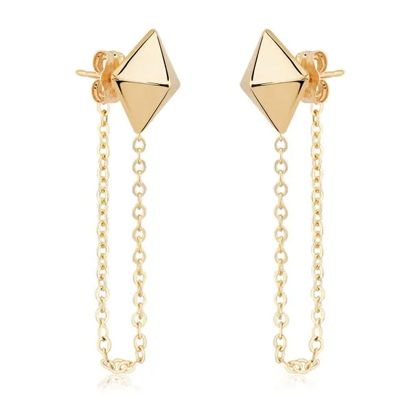14K Yellow Gold 6.0 millimeter Pyramid Post Earrings with Dangle Chain JWR Jewelers Athens, GA