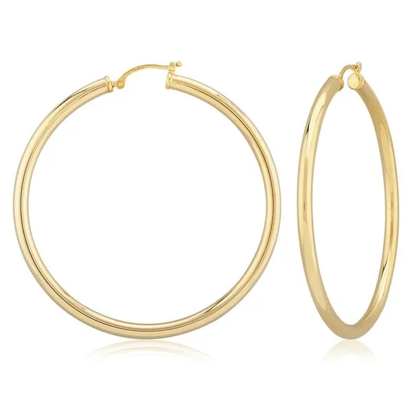 14K Yellow Gold Large Hoop Earrings that measure  3 millimeter is width and 50 millimeters in diameter. JWR Jewelers Athens, GA