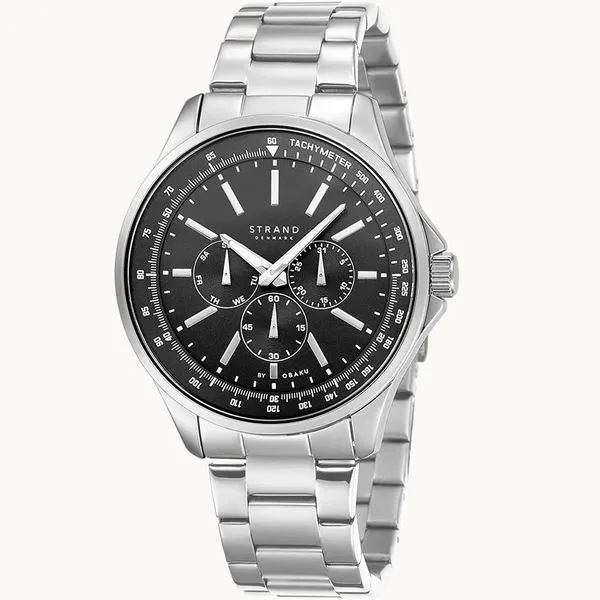 Man's Quartz Strand Stainless Steel Watch with a Black Dial and Three Multi-Function Sub-Dials. JWR Jewelers Athens, GA