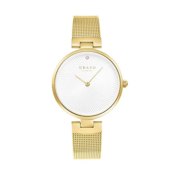 Lady's Quartz Obaku Watch with a White Swirl Dial and Yellow Mesh Band JWR Jewelers Athens, GA