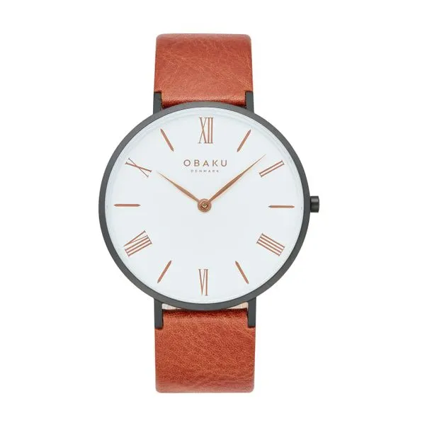 Man's Quartz Obaku Watch with a White Dial, Roman Numerals, and Tan Strap on a Black Case. JWR Jewelers Athens, GA