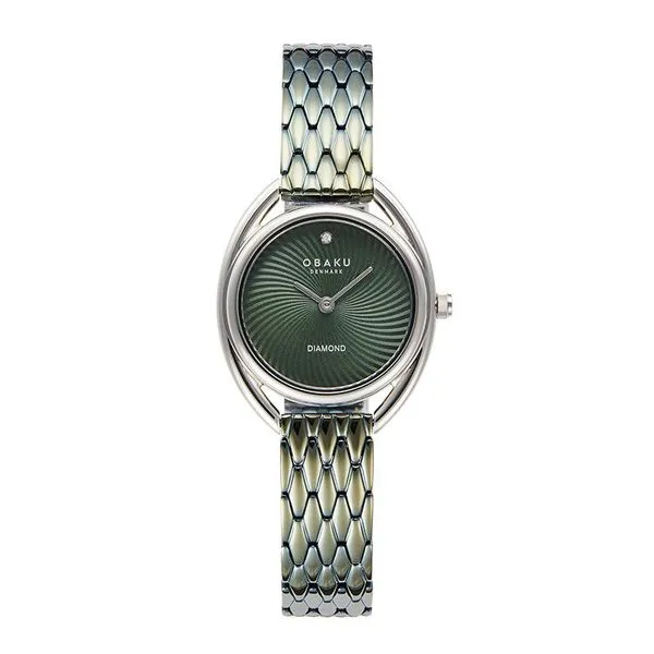 Lady's Quartz Obaku Watch with Green Swirl Dial, Steel Case, and Green Metal Band JWR Jewelers Athens, GA