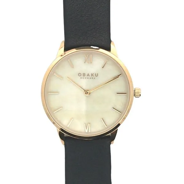 Lady's Quartz Obaku Watch wuth a Mother-of-Pearl Dial and a Black Leather Strap on a Yellow Case. JWR Jewelers Athens, GA