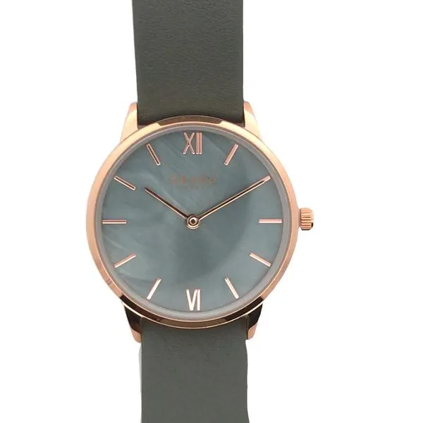 Lady's Quartz Watch with a Rose Case, Gray Mother-of-Pearl Dial, and Gray Strap. JWR Jewelers Athens, GA