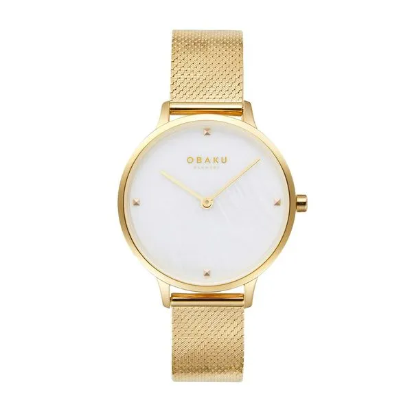 Lady's Quartz Obaku Watch with a Mother-of-Pearl Dial, Yellow Case and Yellow Mesh Band. JWR Jewelers Athens, GA