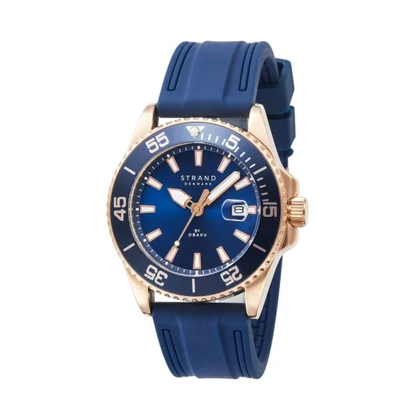 Man's Obaku Quartz Watch with a Rose Case, Blue Dial, and Blue Silicone Strap JWR Jewelers Athens, GA