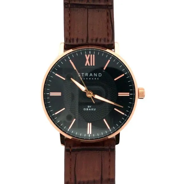Man's Quartz Obaku Watch with a Clack Dial, Rose Case, and a Brown Leather Strap JWR Jewelers Athens, GA