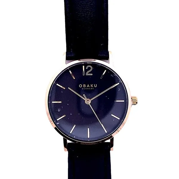 Mid-Size Obaku Quartz Watch with Round Yellow Case, Black Dial, and Black Leather Strap. JWR Jewelers Athens, GA