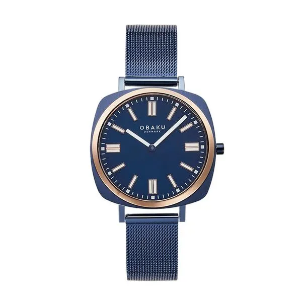 Ladies Quartz Obaku Watch with a Blue Case, Yellow Bezel, Blue Dial and Blue Mesh band. JWR Jewelers Athens, GA