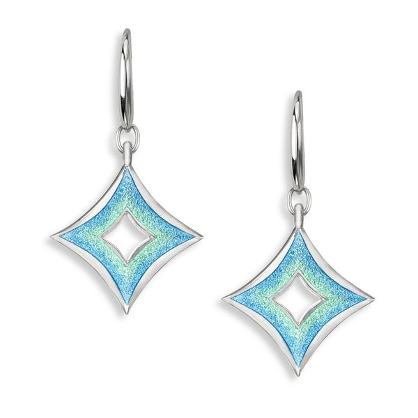 Silver Earrings with Blue Enameled Diamond Shaped Dangles JWR Jewelers Athens, GA