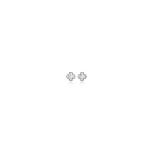 Sterling Silver Clover Shaped Stud Earrings with Mother-of-Pearl surrounded by Round Accent Imitation Diamonds. JWR Jewelers Athens, GA