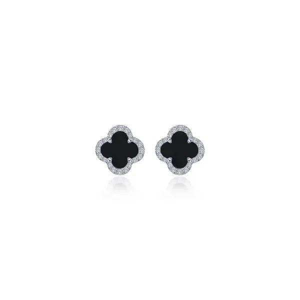 Sterling Silver Clover Shaped Black Onyx Cluster Earrings with Imitation Diamond Accents. JWR Jewelers Athens, GA