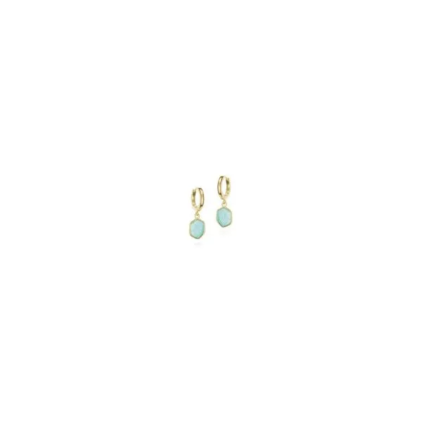 Gold Plated Sterling Silver Huggie Hoops with a Dangle Bezel-Set Amazonite JWR Jewelers Athens, GA