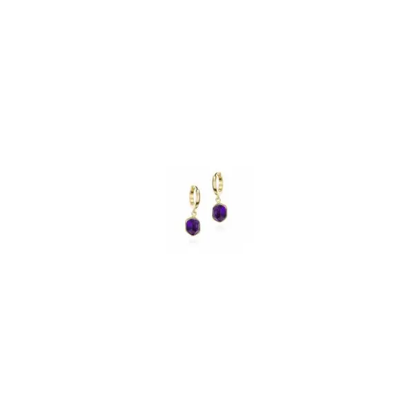 Gold Plated Sterling Silver Huggie Hoops with Bezel-Set Cabochon Amethyst Dangles. JWR Jewelers Athens, GA