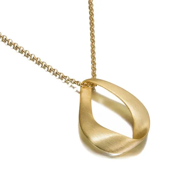 Gold Plated Sterling Silver Eighteen Inch Necklace with an Open Pear Shaped Pendant Slide having a Satin Finish. JWR Jewelers Athens, GA