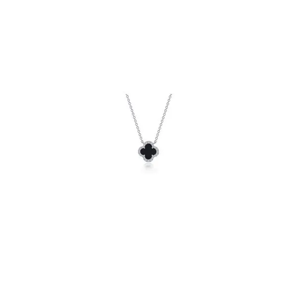 Sterling Silver Twenty Inch Adjustable Necklace with a Clover Shaped Black Onyx surrounded by Round Imitation Diamonds. JWR Jewelers Athens, GA
