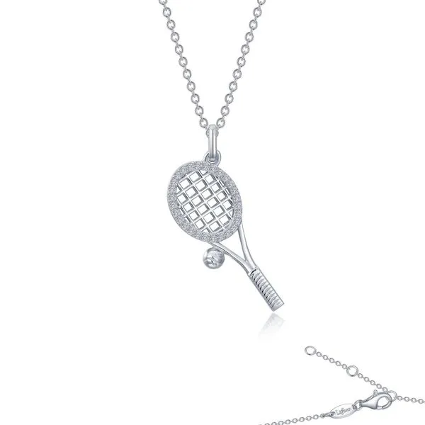 Sterling Silver Twenty Inch Necklace with a Tennis Racquet and Ball Pendant Accented by Round Imitation Diamonds. JWR Jewelers Athens, GA