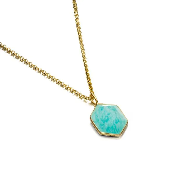 Gold Plated Sterling Silver Eighteen Inch Necklace with a Hexagonal Amazonite Pendant. JWR Jewelers Athens, GA