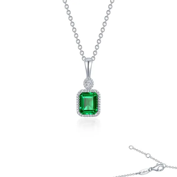 Sterling Silver Twenty Inch Necklace with an Simulated Emerald-Cut Emerald Pendant accented by One Round Simulated Diamond. JWR Jewelers Athens, GA