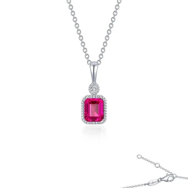 Sterling Silver Twenty Inch Necklace with an Emerald-Cut Lab Grown Ruby Pendant accented by One Round Simulated Diamond. JWR Jewelers Athens, GA