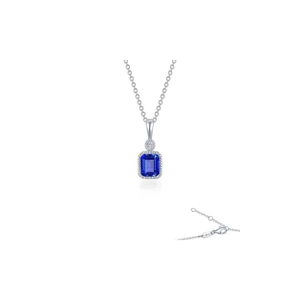 Sterling Silver Twenty Inch Necklace with an Emerald-Cut Lab Grown Sapphire Pendant accented by One Round Simulated Diamond. JWR Jewelers Athens, GA