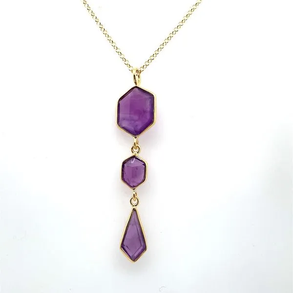 Gold Plated Sterling Silver Eighteen Inch Necklace with a Dangle Pendant containing Three Cabochon Amethysts. JWR Jewelers Athens, GA