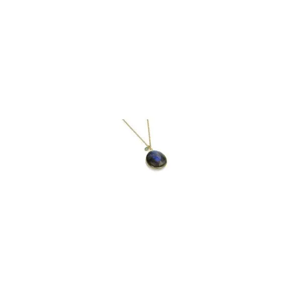 Gold Plated Sterling Silver Eighteen Inch Necklace with an Oval Cabochon Labradorite Pendant. JWR Jewelers Athens, GA
