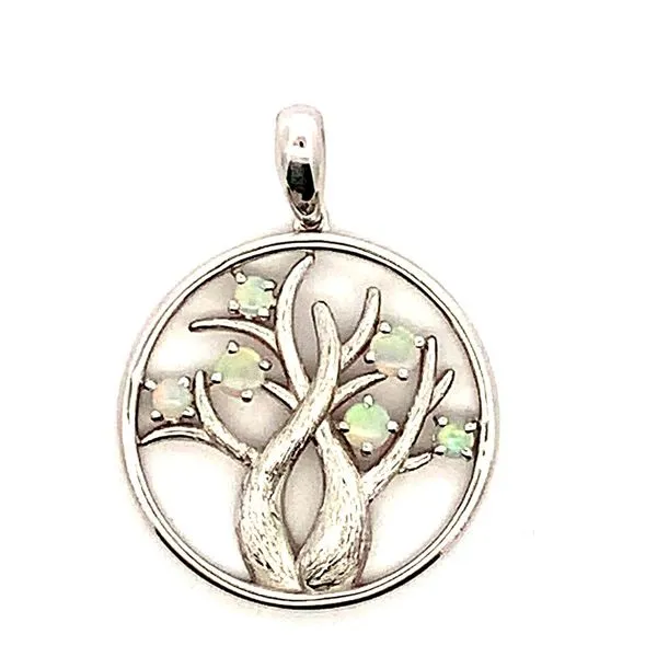 Sterling Silver Round Open Pendant with Five Round Opals in a Boab Tree Design. JWR Jewelers Athens, GA