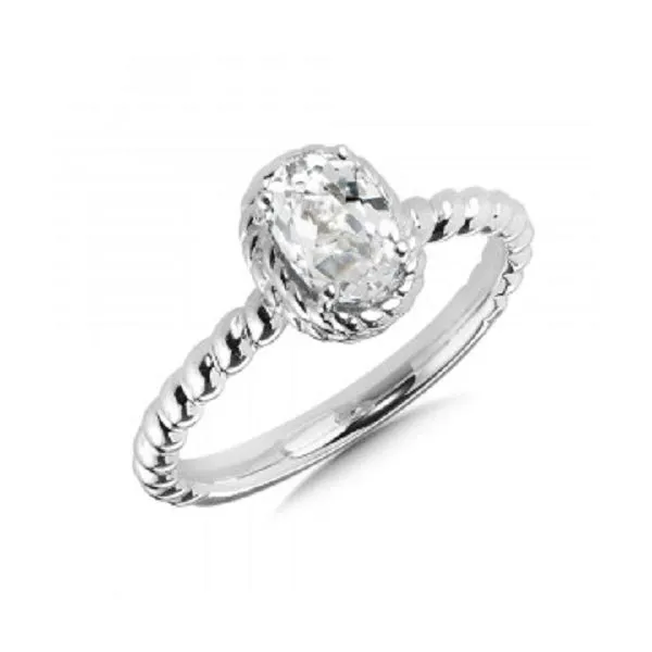 Sterling Silver Ring with an Oval Created White Sapphire that Measures 7 x 5 Millimeters and is set into a Twisted Wire Border Design JWR Jewelers Athens, GA
