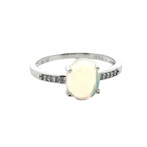 14K White Gold Ring with an Oval Opal and Ten Round Accent Diamonds. JWR Jewelers Athens, GA