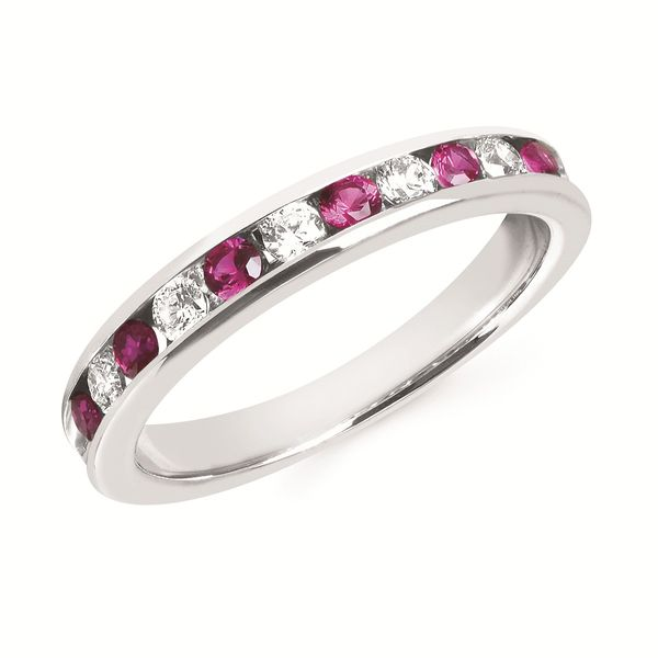14K White Gold Channel Band with Six Round Rubies and Five Round Diamonds. JWR Jewelers Athens, GA