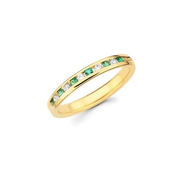 14K Yellow Gold Channel Band with Six Round Emeralds alternating with Five Round Diamonds. JWR Jewelers Athens, GA